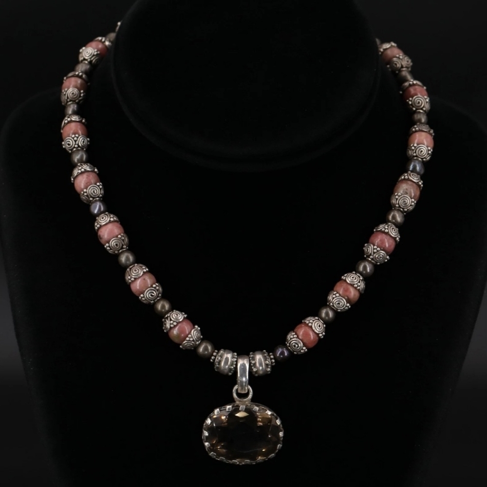 Vintage 925 Sterling Silver Smokey Quartz Rhodonite Bead Pendant 15.5" Necklace